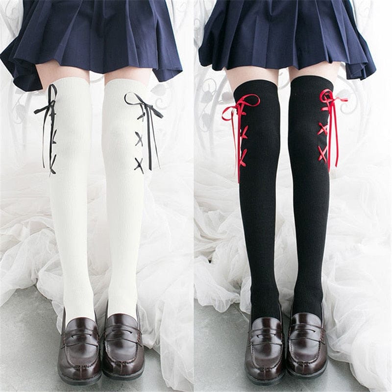 Over Knee Cross Ribbon Stocking Socks One Size Fashion The Kawaii Shoppu