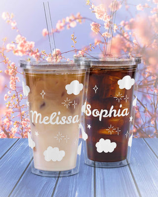 Personalized Name Cloud Cup with Straw | 16oz Clear Insulated Tumbler, Aesthetic  Iced Coffee Cup, Birthday Gift for Girls, Custom Name Gift