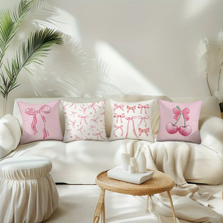 Pink Bow & Cherry Printed Pillowcase – Soft & Cute Cushion Cover