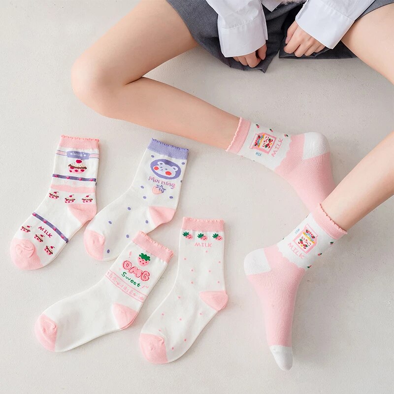 Pink Milk Bear Cotton Socks Clothing and Accessories by The Kawaii Shoppu | The Kawaii Shoppu