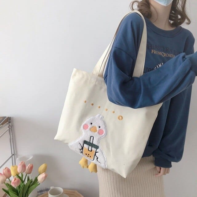 Shoppu Duck Canvas Tote Bag Milk Tea Beige Bags The Kawaii Shoppu