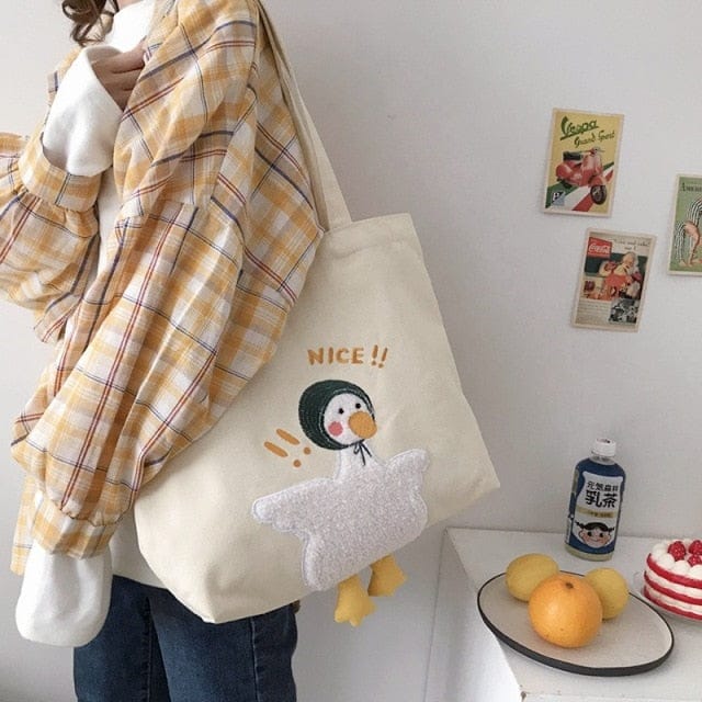 Shoppu Duck Canvas Tote Bag Nice Beige Bags The Kawaii Shoppu