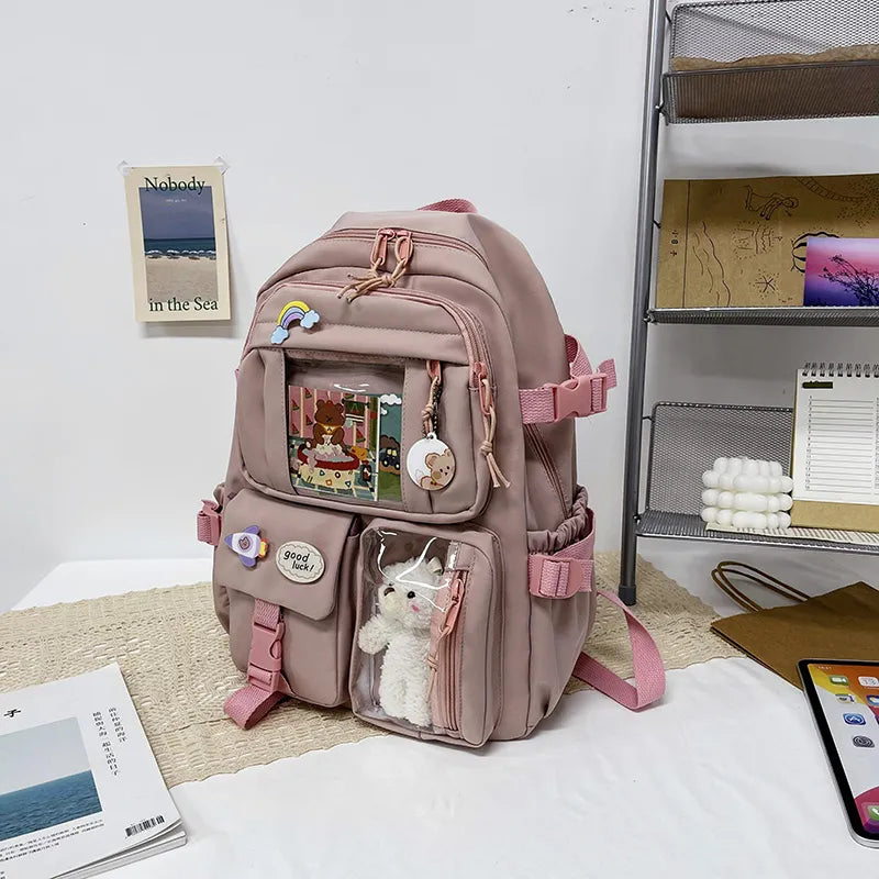 Travel Backpack Kawaii factory Style Multi-Pocket Waterproof School Backpack in Beige