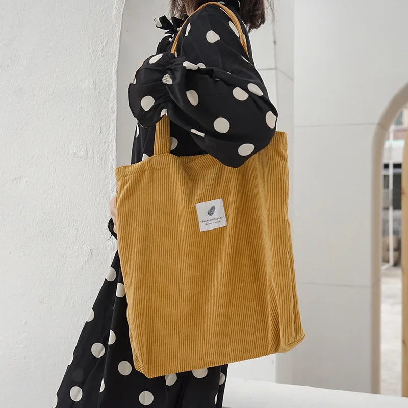 Simple INS Corduroy Shopping Tote Bag Bags by The Kawaii Shoppu | The Kawaii Shoppu