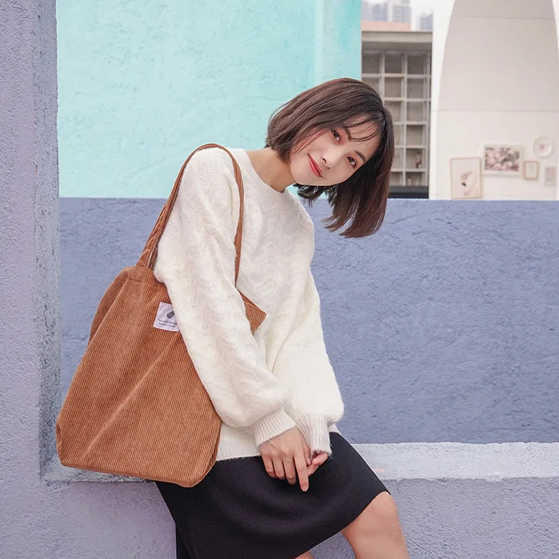 Simple INS Corduroy Shopping Tote Bag Bags by The Kawaii Shoppu | The Kawaii Shoppu