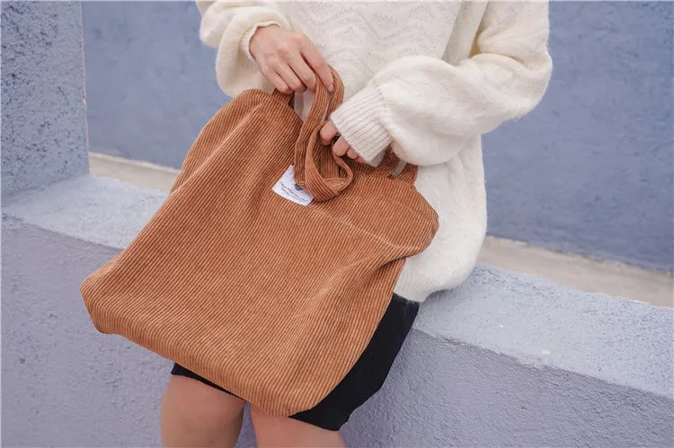 Simple INS Corduroy Shopping Tote Bag Bags by The Kawaii Shoppu | The Kawaii Shoppu