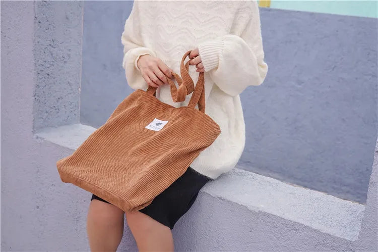 Simple INS Corduroy Shopping Tote Bag Bags by The Kawaii Shoppu | The Kawaii Shoppu