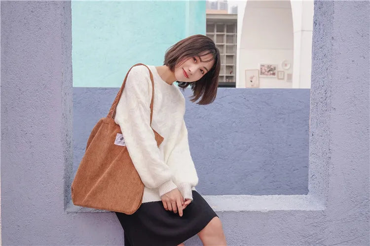 Simple INS Corduroy Shopping Tote Bag Bags by The Kawaii Shoppu | The Kawaii Shoppu