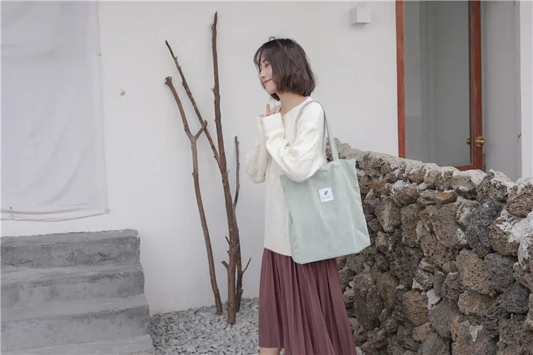 Simple INS Corduroy Shopping Tote Bag Bags by The Kawaii Shoppu | The Kawaii Shoppu