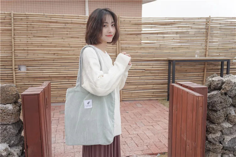 Simple INS Corduroy Shopping Tote Bag Bags by The Kawaii Shoppu | The Kawaii Shoppu