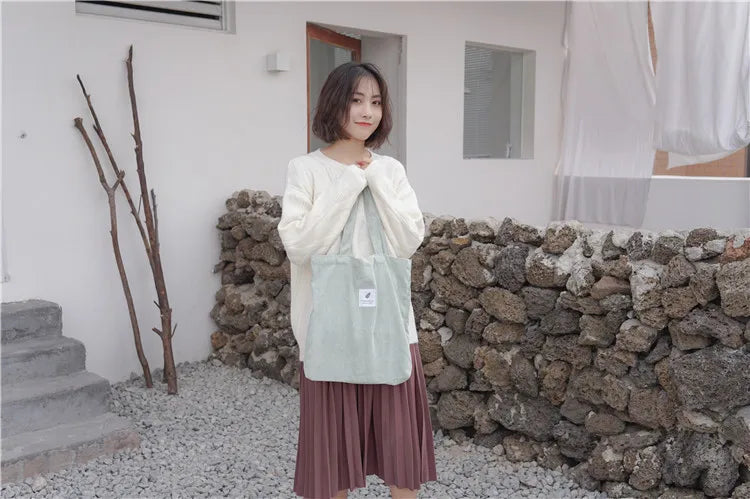 Simple INS Corduroy Shopping Tote Bag Bags by The Kawaii Shoppu | The Kawaii Shoppu