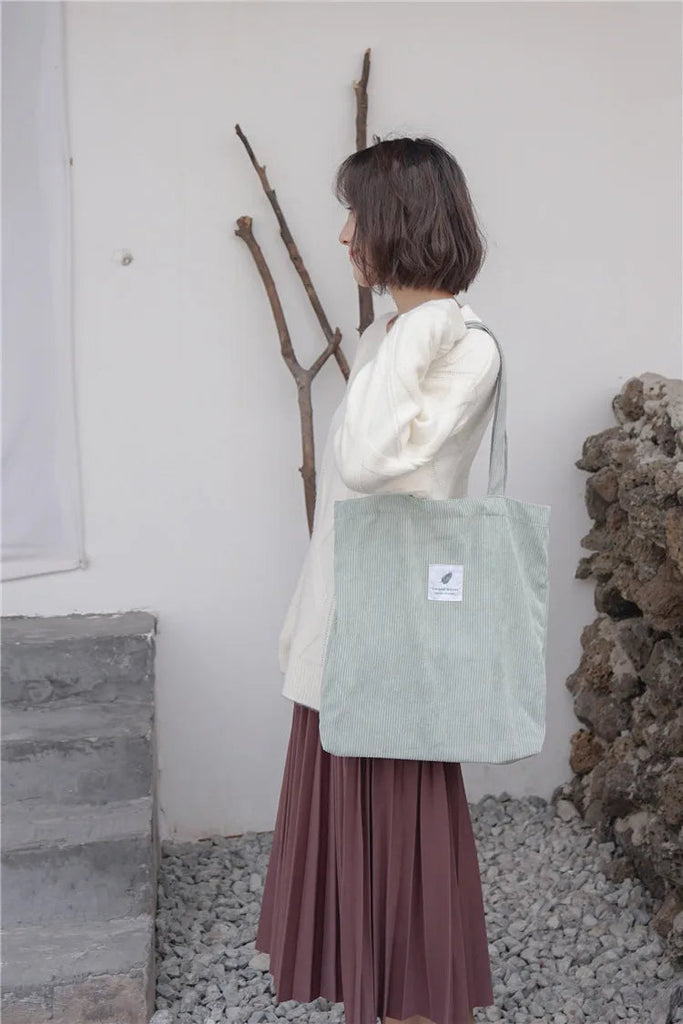 Simple INS Corduroy Shopping Tote Bag Bags by The Kawaii Shoppu | The Kawaii Shoppu