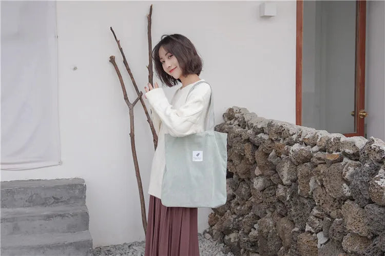 Simple INS Corduroy Shopping Tote Bag Bags by The Kawaii Shoppu | The Kawaii Shoppu