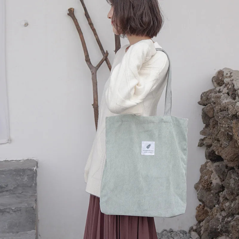 Simple INS Corduroy Shopping Tote Bag Bags by The Kawaii Shoppu | The Kawaii Shoppu