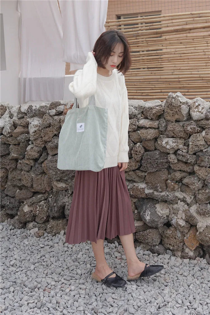 Simple INS Corduroy Shopping Tote Bag Bags by The Kawaii Shoppu | The Kawaii Shoppu