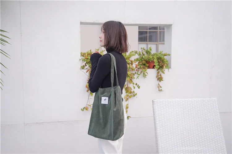 Simple INS Corduroy Shopping Tote Bag Bags by The Kawaii Shoppu | The Kawaii Shoppu