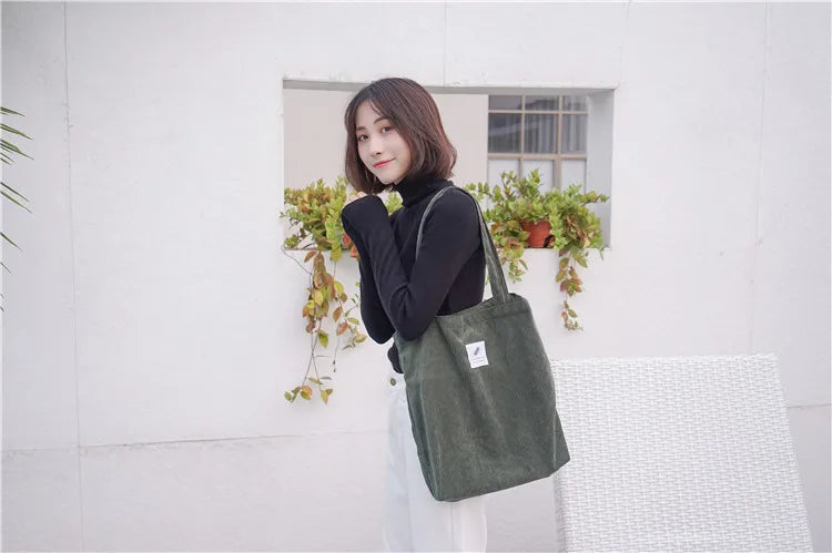 Simple INS Corduroy Shopping Tote Bag Bags by The Kawaii Shoppu | The Kawaii Shoppu