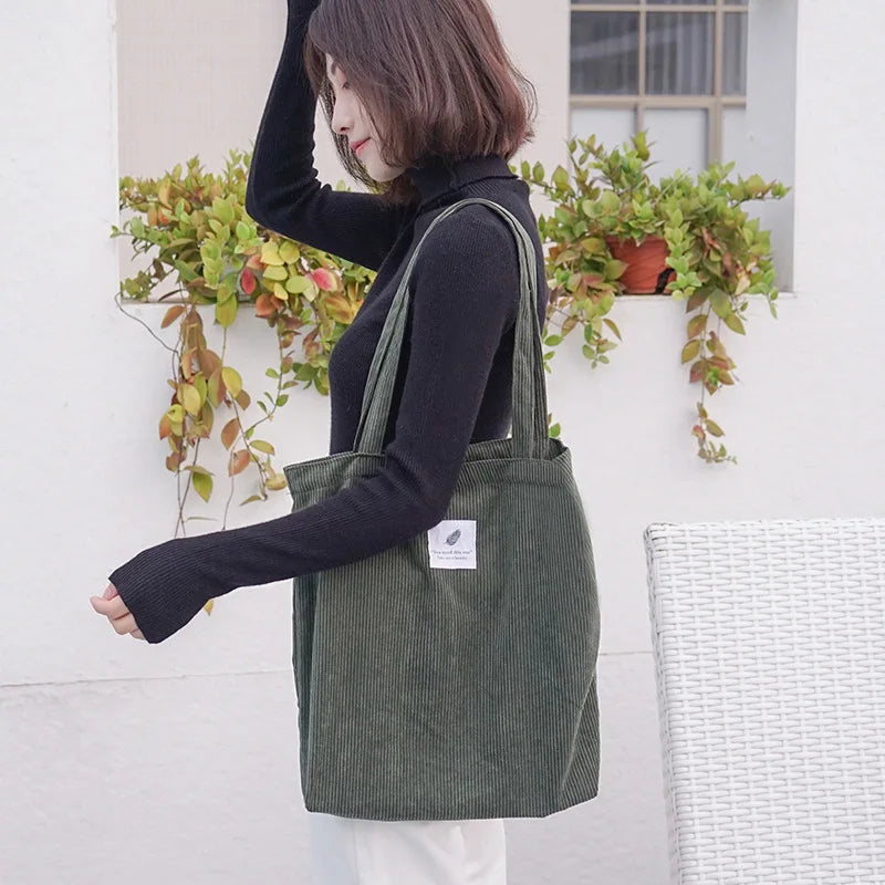 Simple INS Corduroy Shopping Tote Bag Bags by The Kawaii Shoppu | The Kawaii Shoppu