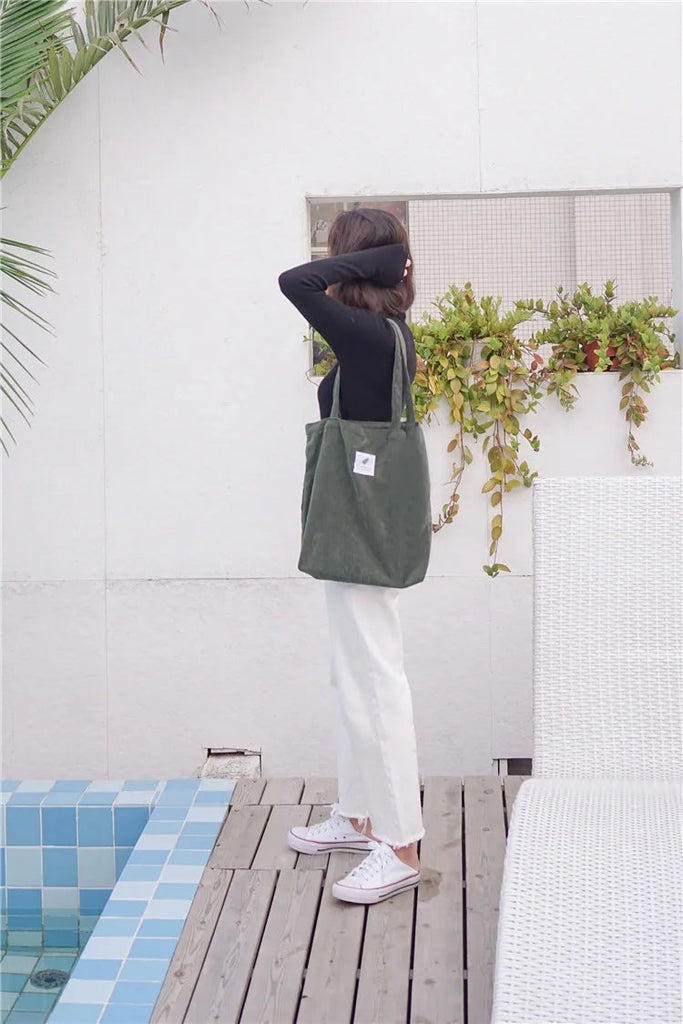 Simple INS Corduroy Shopping Tote Bag Bags by The Kawaii Shoppu | The Kawaii Shoppu