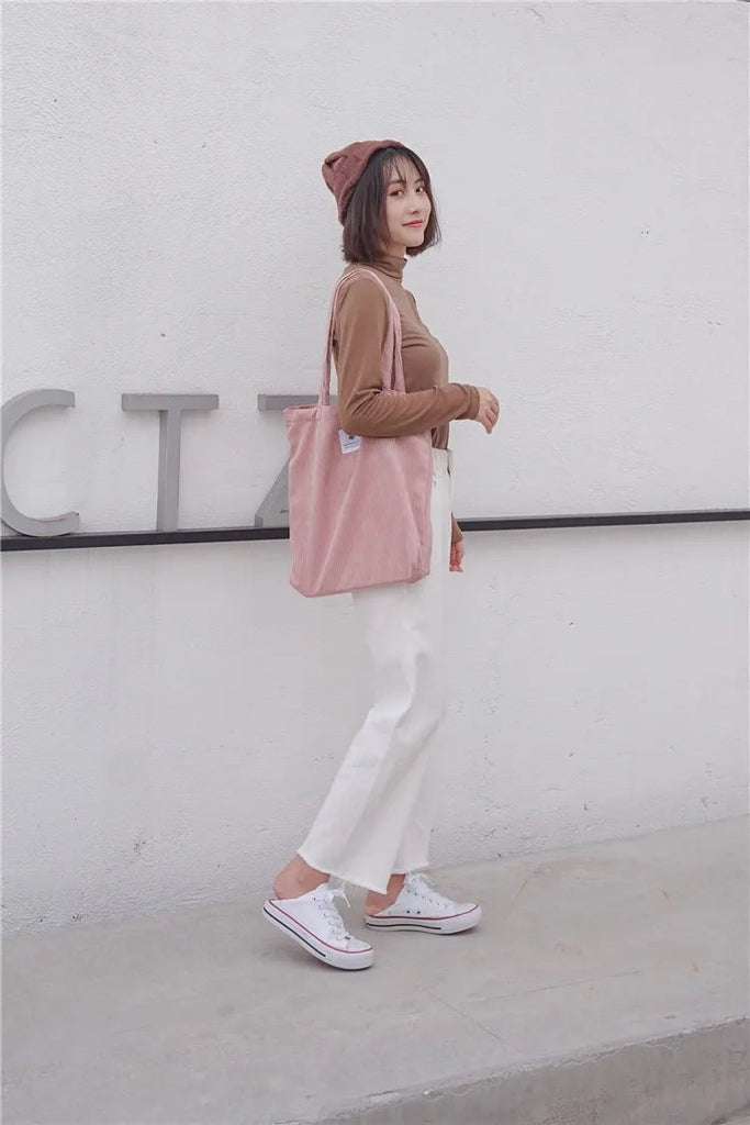 Simple INS Corduroy Shopping Tote Bag Bags by The Kawaii Shoppu | The Kawaii Shoppu