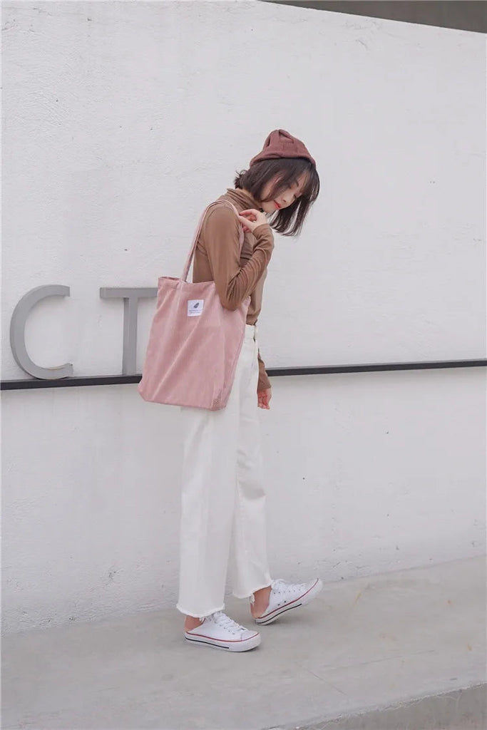 Simple INS Corduroy Shopping Tote Bag Bags by The Kawaii Shoppu | The Kawaii Shoppu