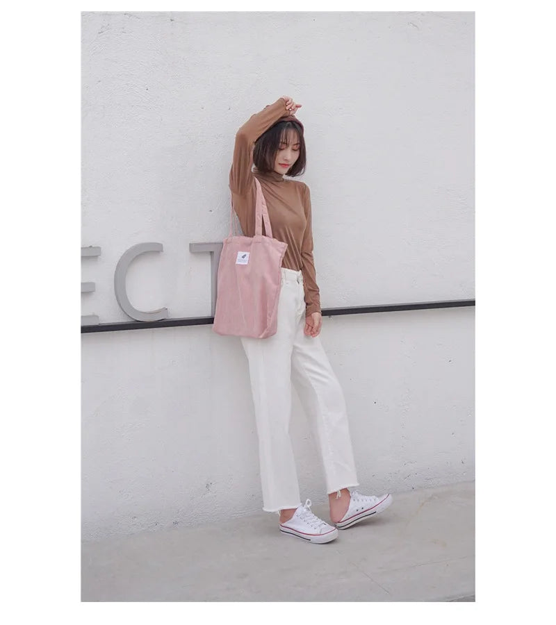 Simple INS Corduroy Shopping Tote Bag Bags by The Kawaii Shoppu | The Kawaii Shoppu