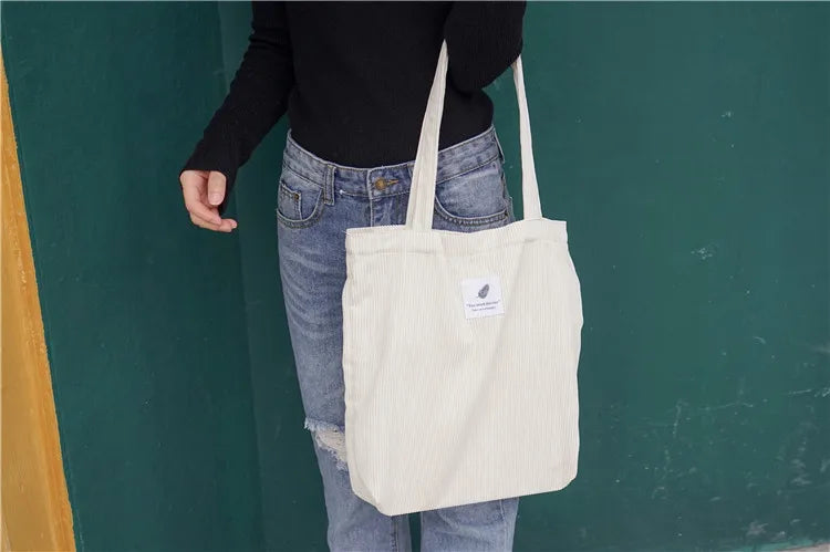 Simple INS Corduroy Shopping Tote Bag Bags by The Kawaii Shoppu | The Kawaii Shoppu