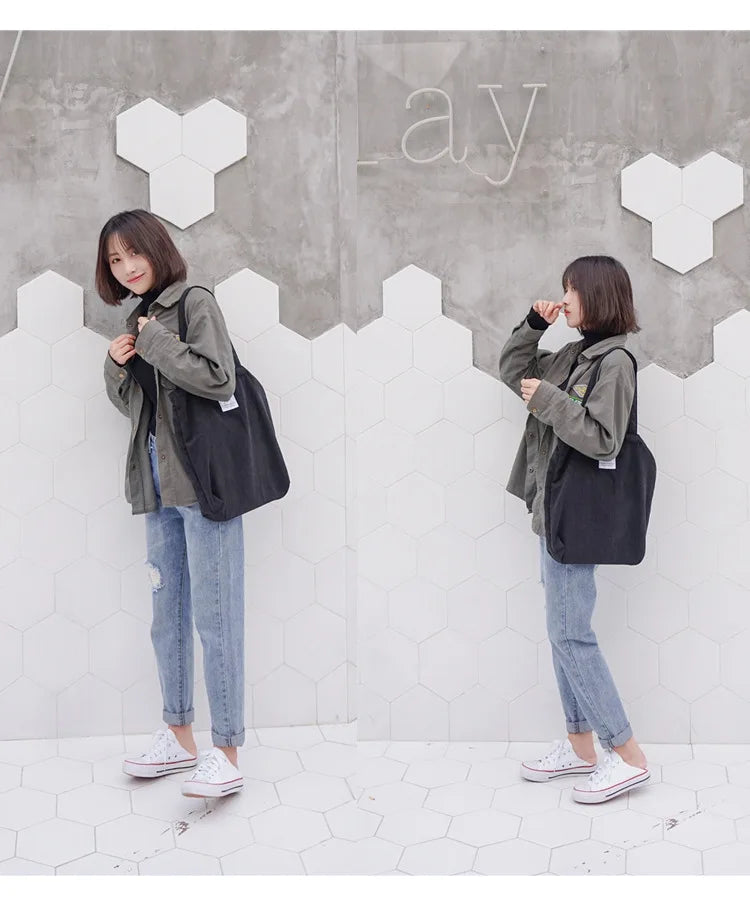 Simple INS Corduroy Shopping Tote Bag Bags by The Kawaii Shoppu | The Kawaii Shoppu