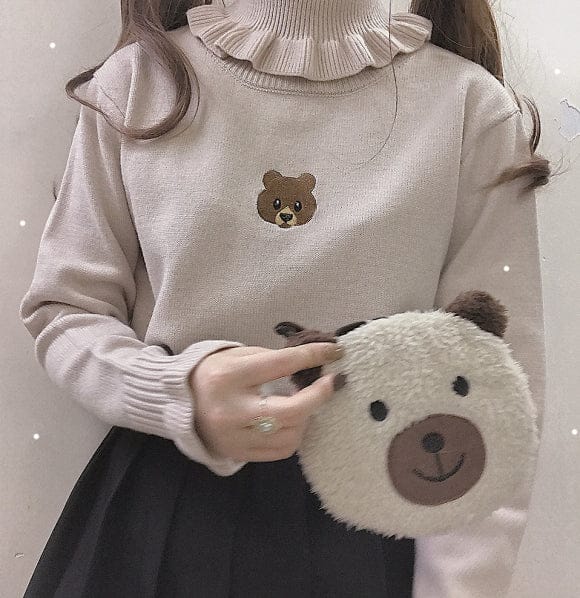 'Soft Girl' Teddy High Neck Pullover One Size Milk Tea Sweater M Fashion The Kawaii Shoppu