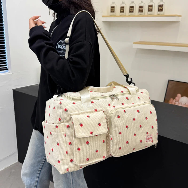 Strawberry Corduroy Travel Tote Bag Gym Bag Travel Bag with Shoe Compa ...