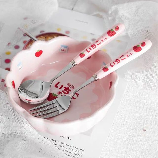 Strawberry Milk Ceramic Breakfast Bowl / Cutlery bowl spoon fork set Home & Kitchen by The Kawaii Shoppu | The Kawaii Shoppu