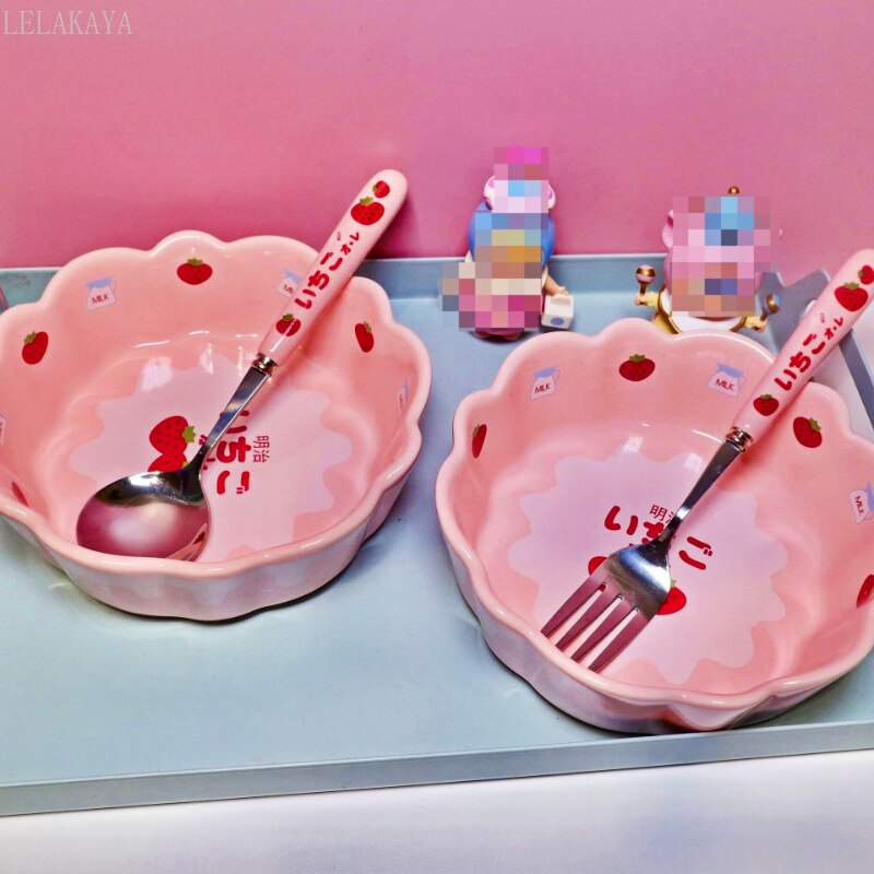 Strawberry Milk Ceramic Breakfast Bowl / Cutlery Home & Kitchen by The Kawaii Shoppu | The Kawaii Shoppu