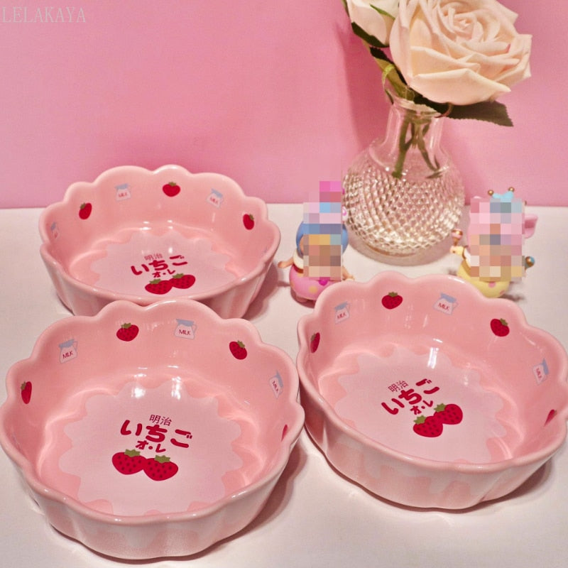 Strawberry Milk Ceramic Breakfast Bowl / Cutlery Home & Kitchen by The Kawaii Shoppu | The Kawaii Shoppu