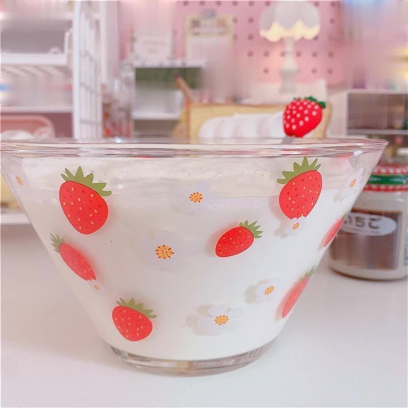 Strawberry Printed Glass Breakfast Bowl With Spoon Home & Kitchen The Kawaii Shoppu