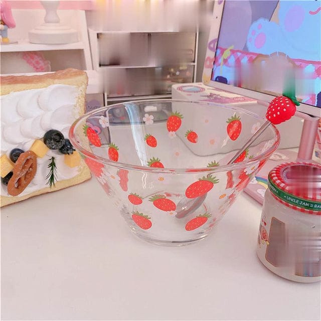 Strawberry Printed Glass Breakfast Bowl With Spoon Home & Kitchen The Kawaii Shoppu