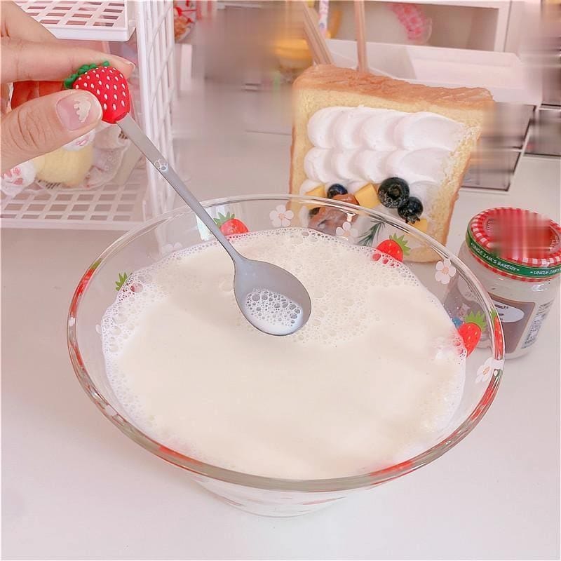 Strawberry Printed Glass Breakfast Bowl With Spoon Home & Kitchen The Kawaii Shoppu