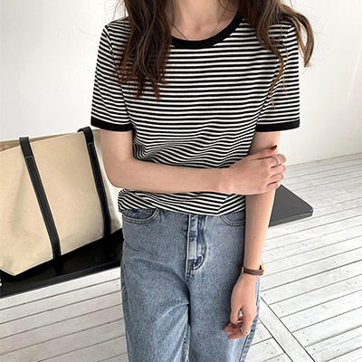 Striped Korean Vintage Short Sleeve T Shirt Black S Clothing and Accessories by The Kawaii Shoppu | The Kawaii Shoppu