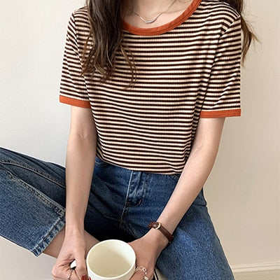 Striped Korean Vintage Short Sleeve T Shirt Brown S Clothing and Accessories by The Kawaii Shoppu | The Kawaii Shoppu