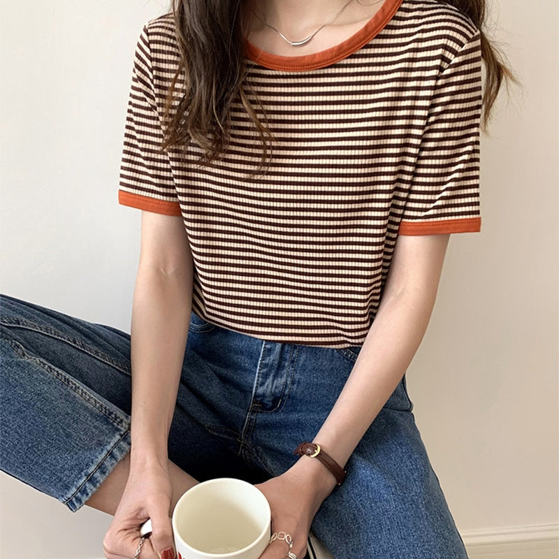 Striped Korean Vintage Short Sleeve T Shirt Clothing and Accessories by The Kawaii Shoppu | The Kawaii Shoppu