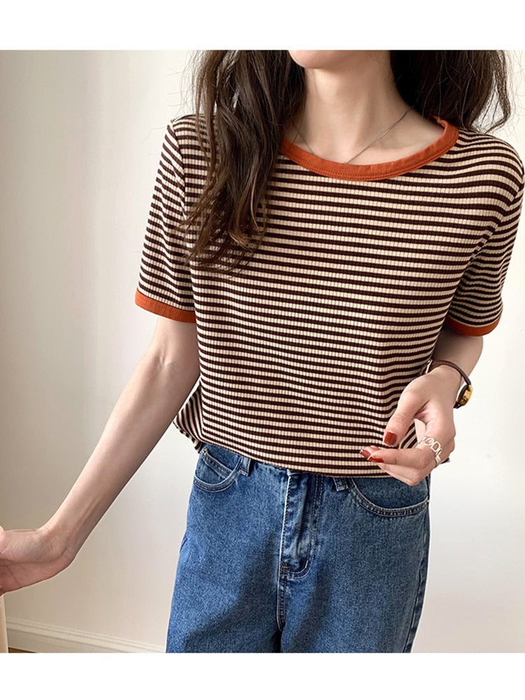 Striped Korean Vintage Short Sleeve T Shirt Clothing and Accessories by The Kawaii Shoppu | The Kawaii Shoppu