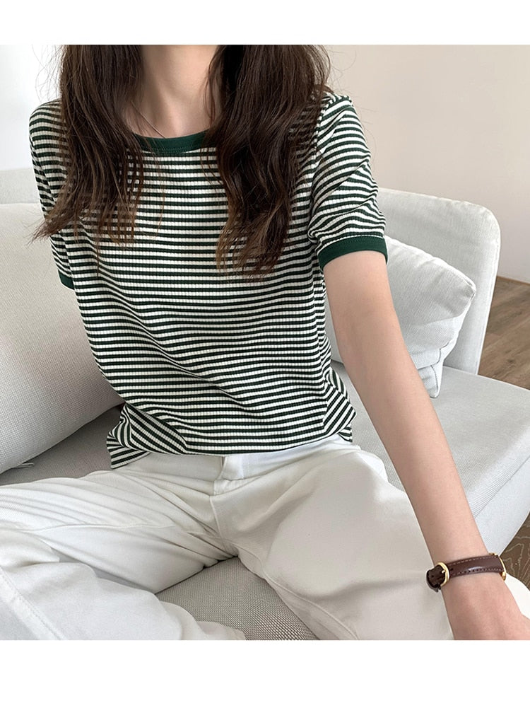 Striped Korean Vintage Short Sleeve T Shirt Clothing and Accessories by The Kawaii Shoppu | The Kawaii Shoppu