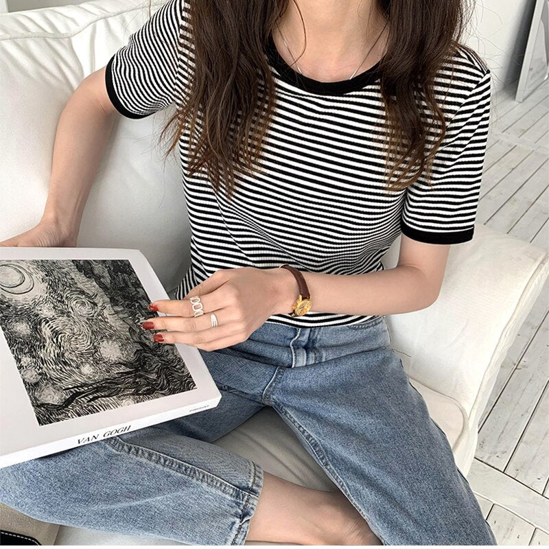 Striped Korean Vintage Short Sleeve T Shirt Clothing and Accessories by The Kawaii Shoppu | The Kawaii Shoppu