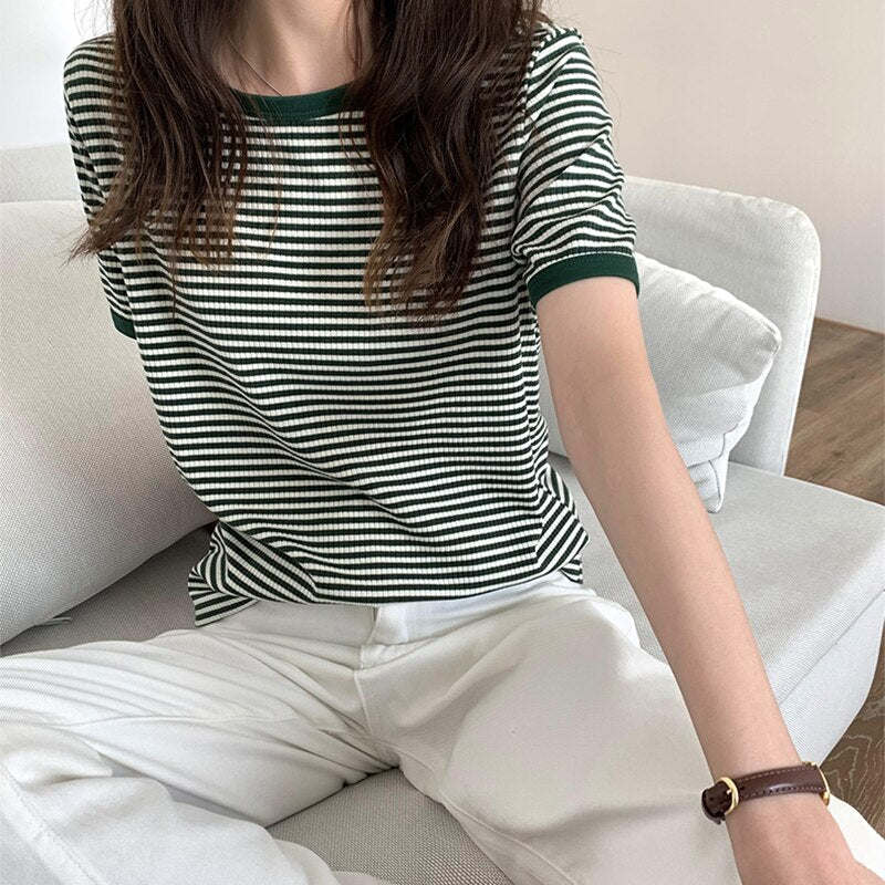 Striped Korean Vintage Short Sleeve T Shirt Clothing and Accessories by The Kawaii Shoppu | The Kawaii Shoppu