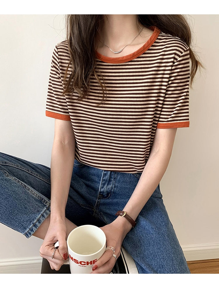 Striped Korean Vintage Short Sleeve T Shirt Clothing and Accessories by The Kawaii Shoppu | The Kawaii Shoppu