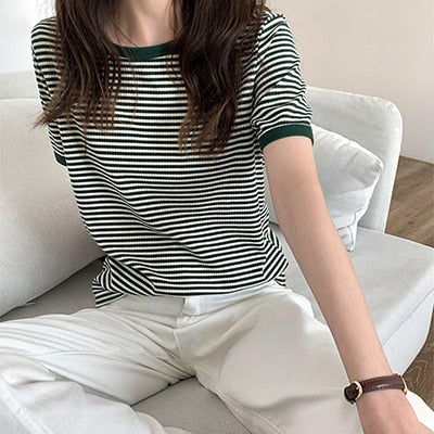 Striped Korean Vintage Short Sleeve T Shirt Green S Clothing and Accessories by The Kawaii Shoppu | The Kawaii Shoppu