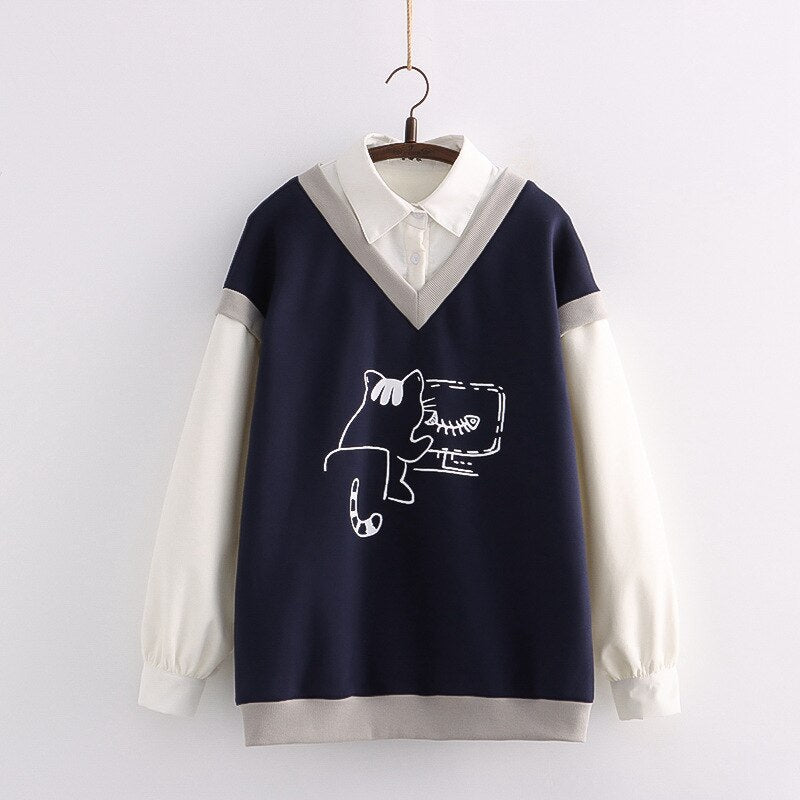 Study Cat Kawaii Fleece Vest Shirt Navy One Size Clothing and Accessories by The Kawaii Shoppu | The Kawaii Shoppu