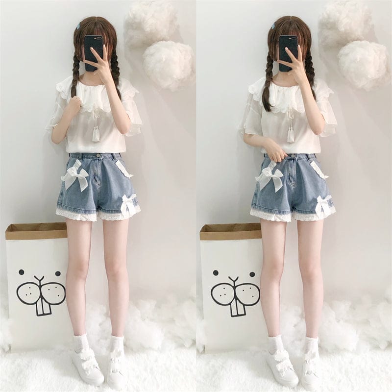 Summer Bow Denim High Waist Shorts Clothing and Accessories The Kawaii Shoppu