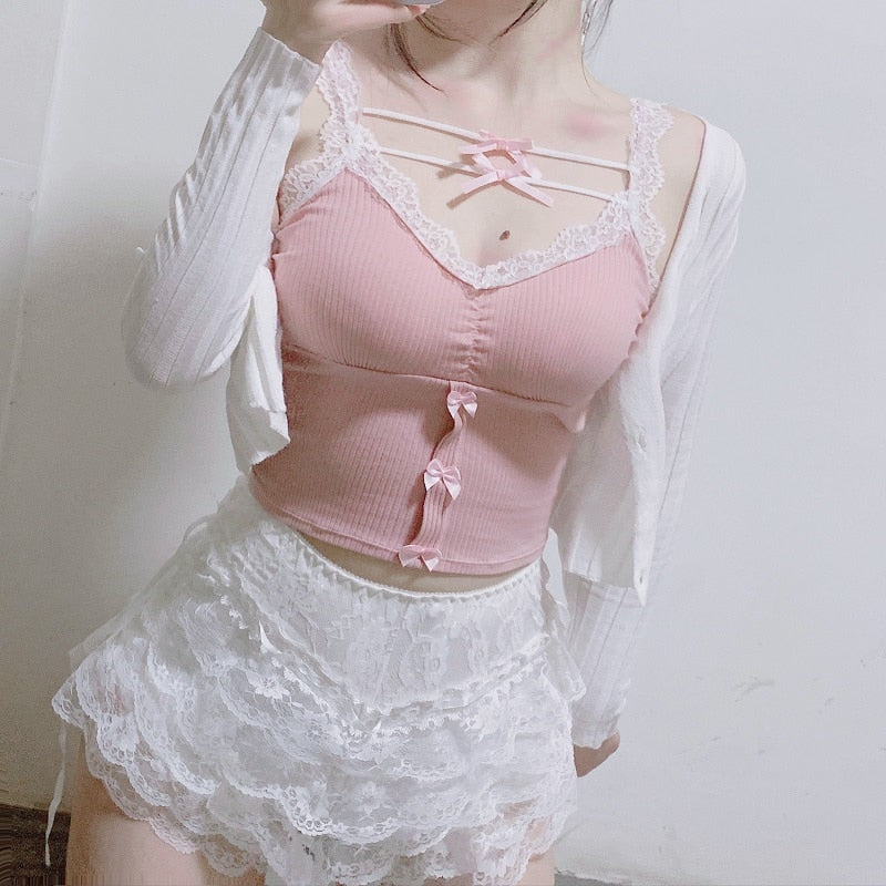 Summer Cute Y2k Pink Lace Bow Crop Top One Size Clothing and Accessories by The Kawaii Shoppu | The Kawaii Shoppu
