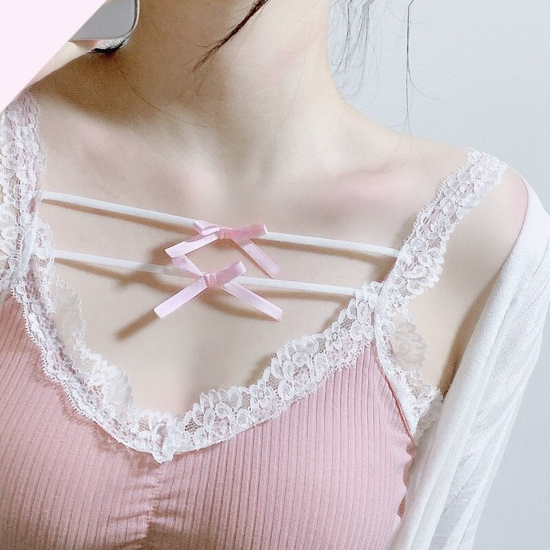 Summer Cute Y2k Pink Lace Bow Crop Top One Size Clothing and Accessories by The Kawaii Shoppu | The Kawaii Shoppu