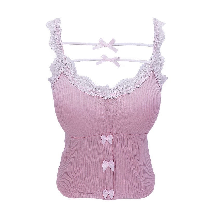Summer Cute Y2k Pink Lace Bow Crop Top Pink Crop Top One Size Clothing and Accessories by The Kawaii Shoppu | The Kawaii Shoppu